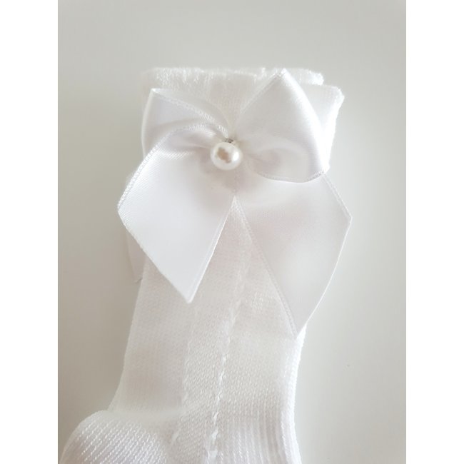 Meia Pata Witte kniekous met satijnen strikje en parel