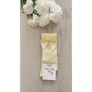 Meia Pata Pastel gele kniekous met satijnen strikje en parel