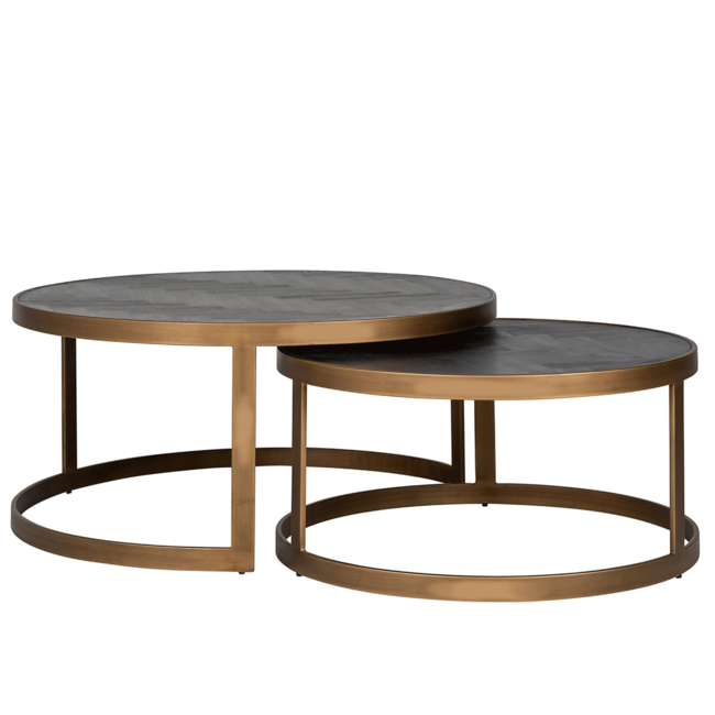 SALONTAFEL Rond BLACKBONE Brass set van / zwart visgraat eiken