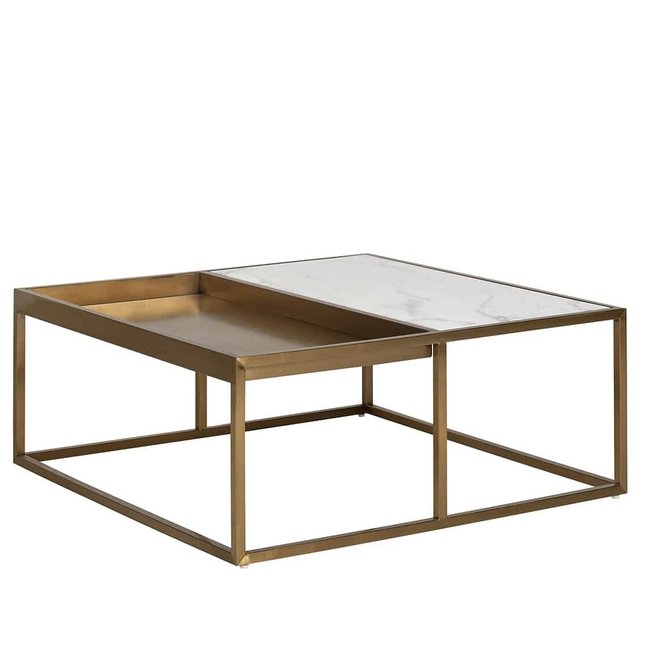 SALONTAFEL DURAN geborsteld Goud en wit marmer 92x92cm