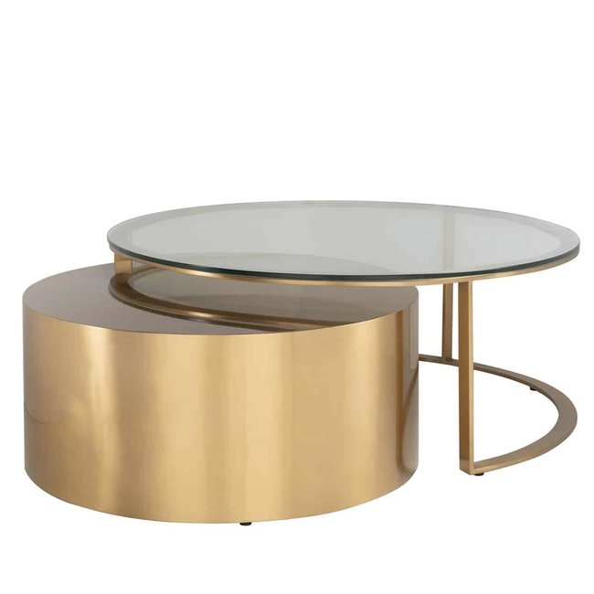 SALONTAFEL ORLAN ROND set- 2 goud met glas tafelblad