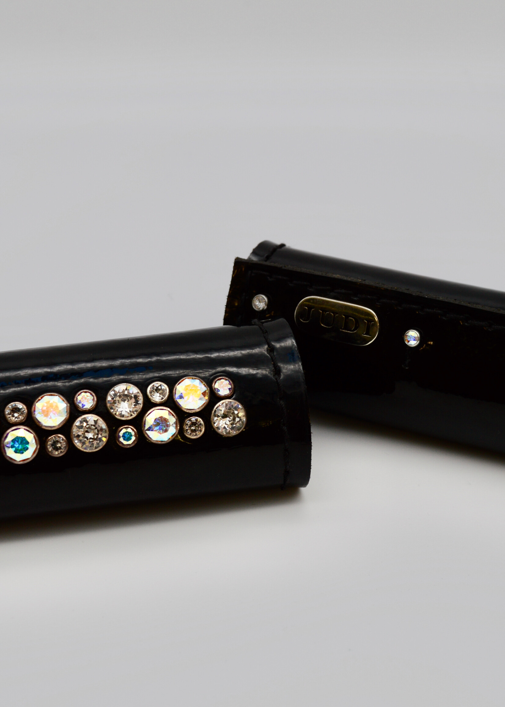 Judi Judi Odessa Double Stirrup Sleeves Patent Black with AB Swarovski Crystals Pair
