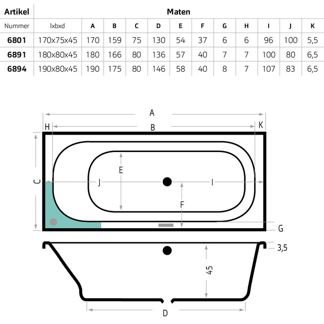 Xenz Aruba acryl inbouwbad wit met badpoten