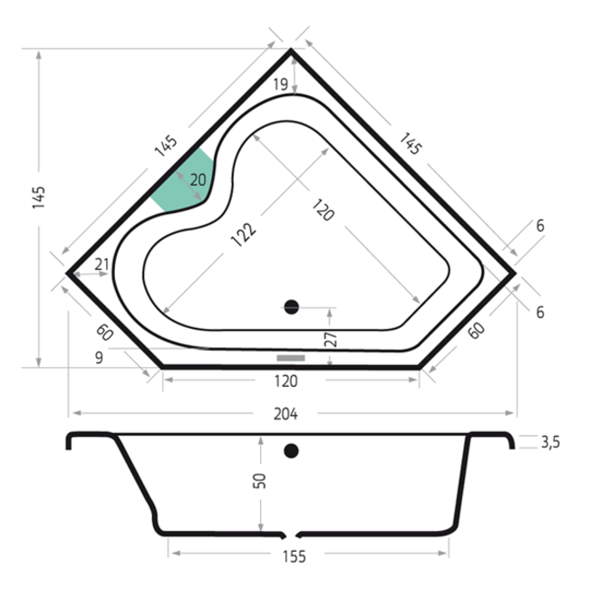 Xenz Cyprus inbouw hoekbad  acryl 145x145x50 cm met verstelbare poten wit