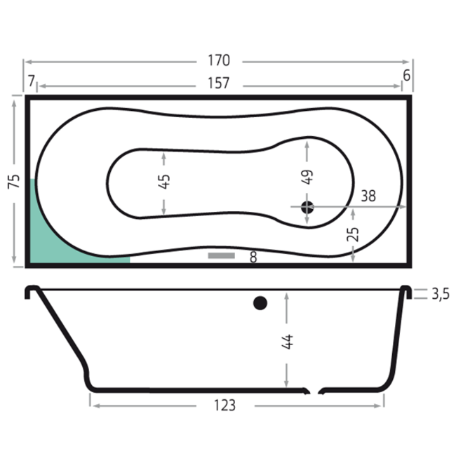 Xenz Dominica inbouwbad  acryl 175x75x44 cm met verstelbare poten wit