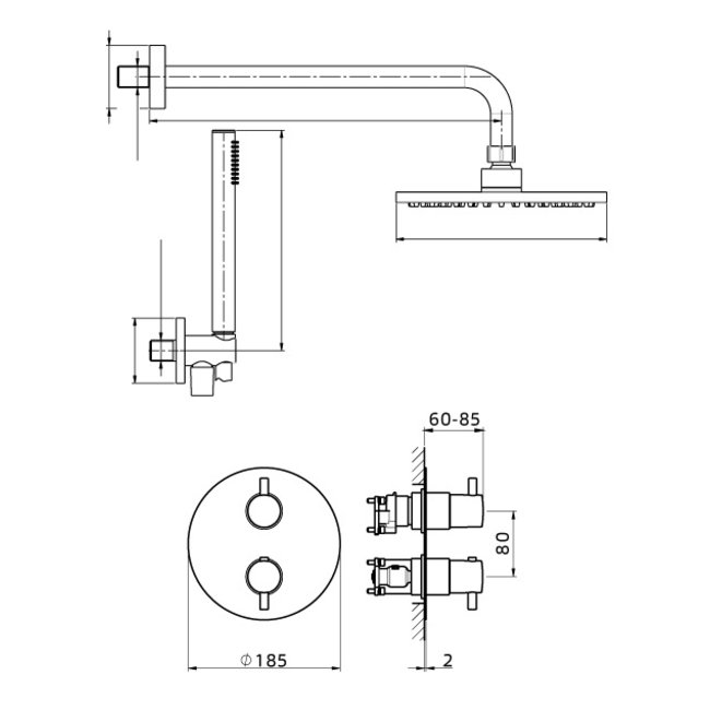 Xenz Duero thermostatische inbouw doucheset in de kleuren zwart mat of chroom