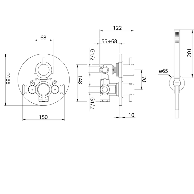 Xenz Duero inbouw badthermostaat incl. handdouche DU5429 incl. Tec-Box chroom