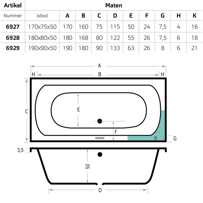 Xenz Lagoon acryl inbouwbad wit met verstelbare badpoten