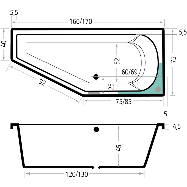 Xenz Lagoon acryl hoekbad links of rechts wit met verstelbare poten