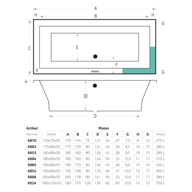 Xenz Society acryl inbouw ligbad met verstelbare badpoten wit