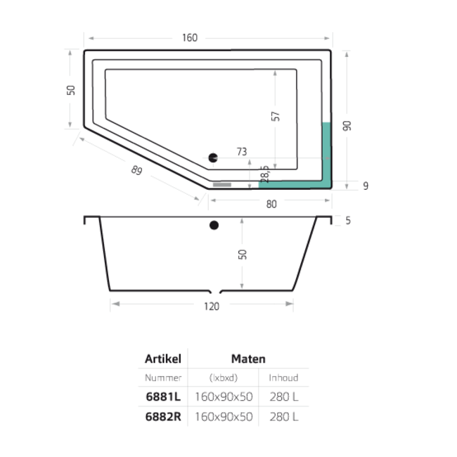 Xenz Society 160 inbouw hoekbad  acryl 160x90x50 cm met verstelbare poten wit