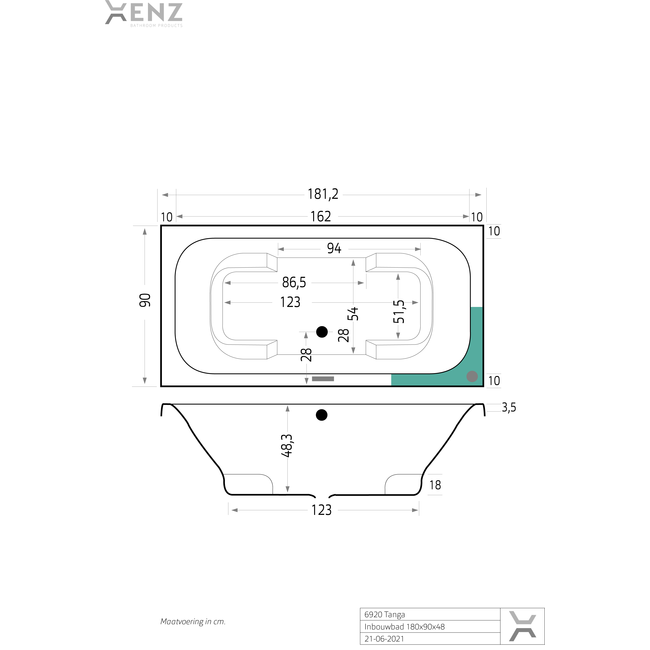 Xenz Tanga acryl inbouw ligbad 180x90x48 cm wit met verstelbare badpoten wit