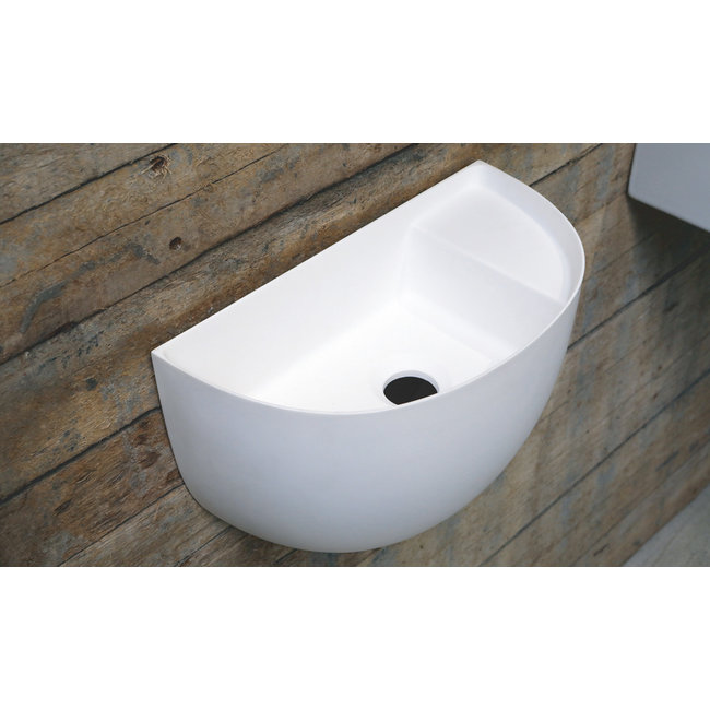 Luca Solid Surface wandfontein half rond wit mat 38x20x28 cm incl.  afvoerset chroom