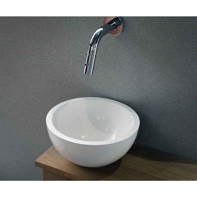 Luca Mineral Stone fontein waskom rond 24x24x12 cm met dikke rand wit glans