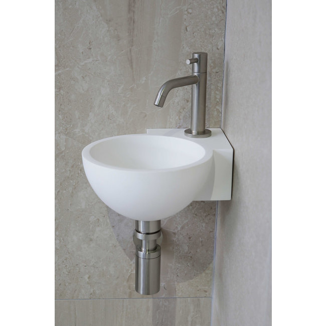 Luca Solid Surface hoekfontein rond 28x28x12 cm zonder kraangat (zelf doorboren) mat wit of antraciet