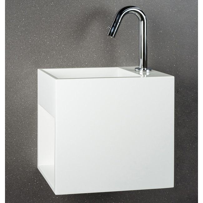 Luca Solid Surface fontein met open schap 35x18,5x32 cm met verdekte afvoer en kraangat rechts wit (mat of glans)