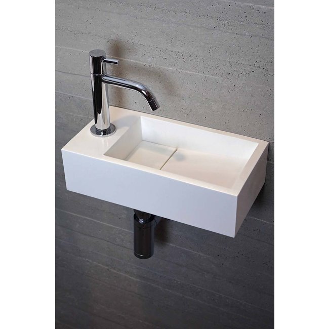 Luca Solid Surface fontein met kraangat rechthoek 35x18,5x9 cm ophang doorboren wit mat