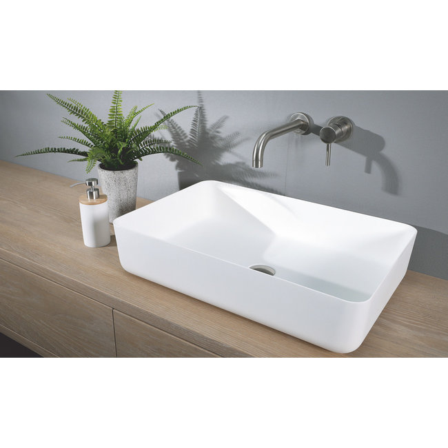 Luca Solid Surface opzetwastafel rechthoek 60x40x13,5 cm met dunne rand wit mat