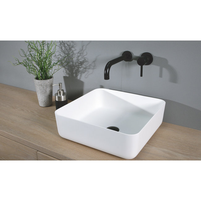 Luca Solid Surface opzetwastafel vierkant 40x40x13,5 cm met dunne rand wit mat
