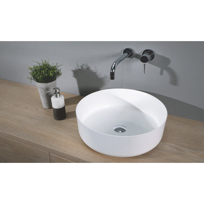 Luca Mineral Stone opzetwastafel rond 42x42x13,5 cm met dunne rand wit glans