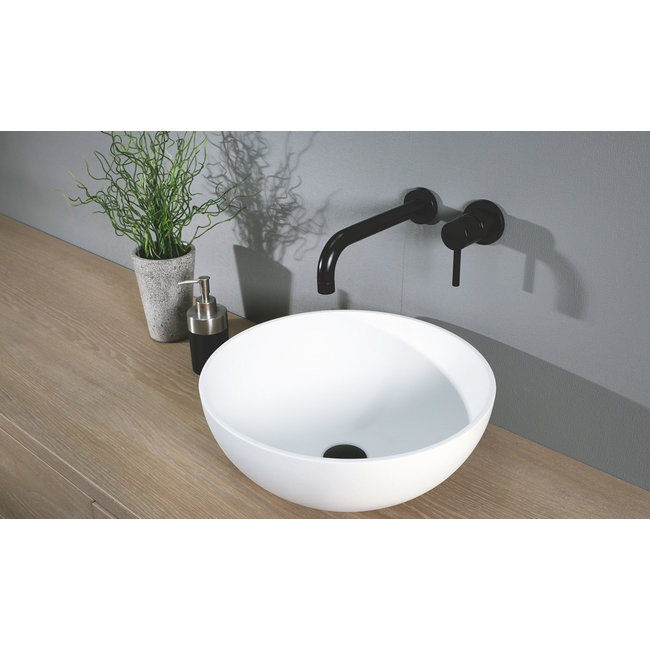 Luca Solid Surface opzetwastafel rond 40x40x15 cm met dunne rand wit of antraciet