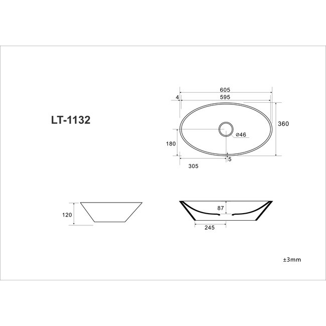 Alberi Acero ovale opzetwastafel 60,5x36 cm in kleur wit