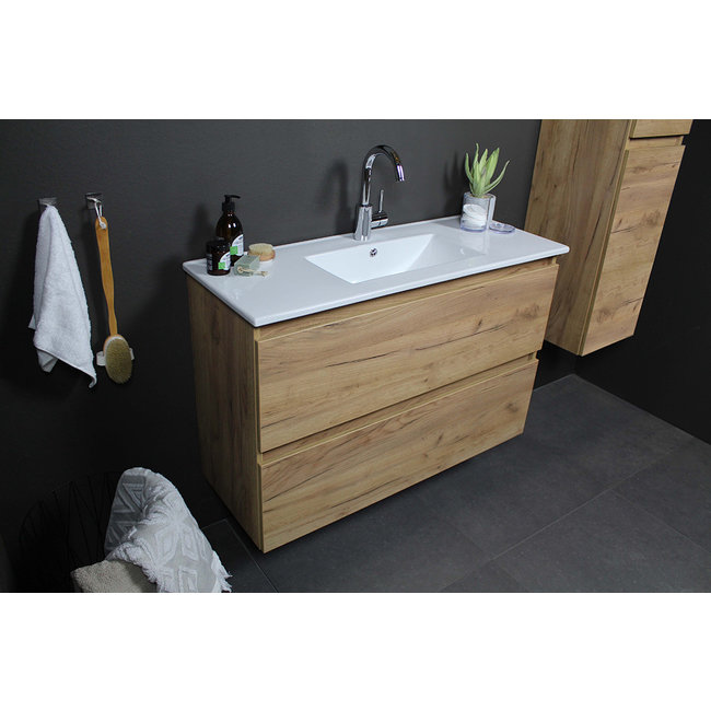 Basic Line Start badmeubel Whisky Oak onderkast en keramische wastafel 1 kraangat