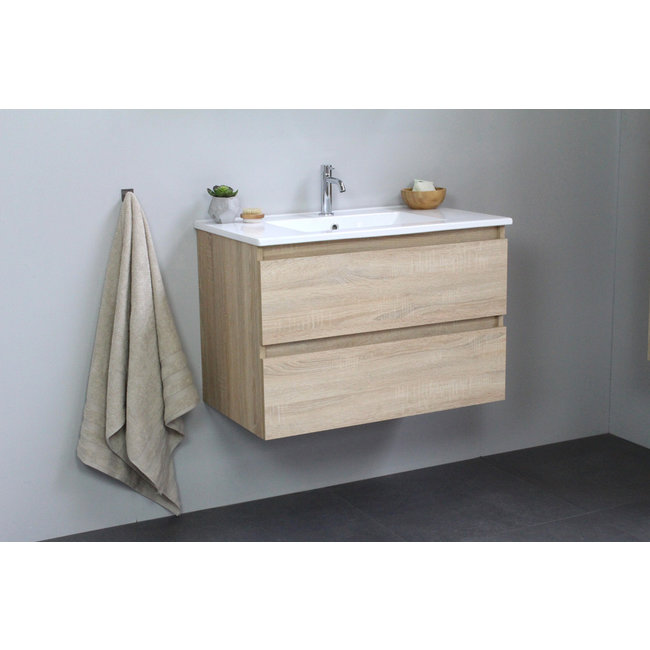Basic Line Start badmeubel Whisky Oak onderkast en keramische wastafel 1 kraangat