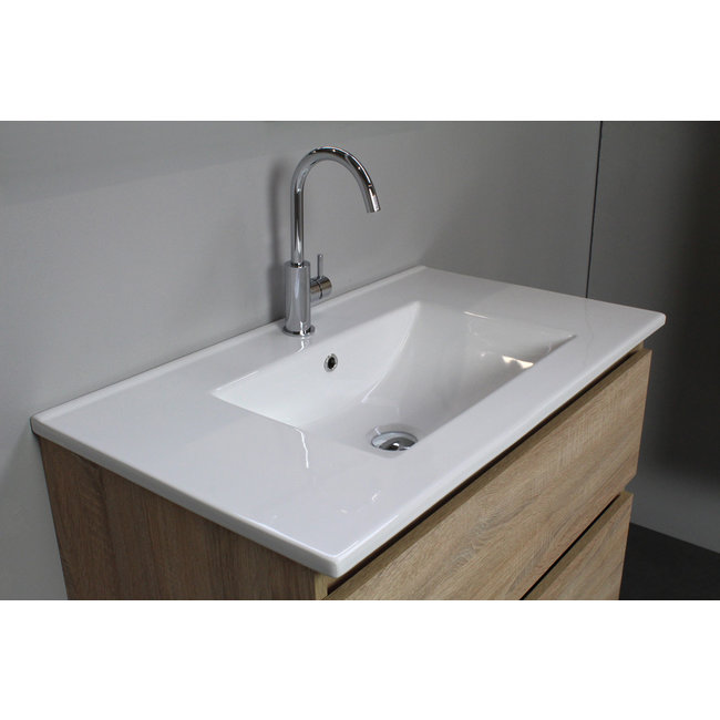 Basic Line Start badmeubel Whisky Oak onderkast en keramische wastafel 1 kraangat