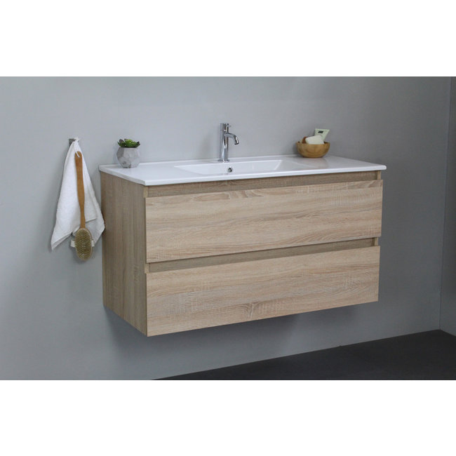Basic Line Start badmeubel Whisky Oak onderkast en keramische wastafel 1 kraangat
