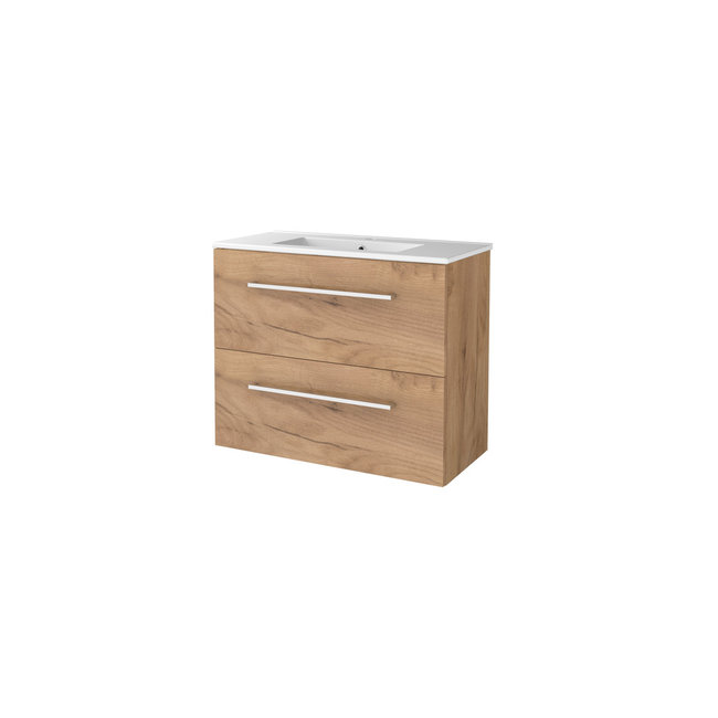 Basic Line Start badmeubel Whisky Oak onderkast en keramische wastafel 1 kraangat
