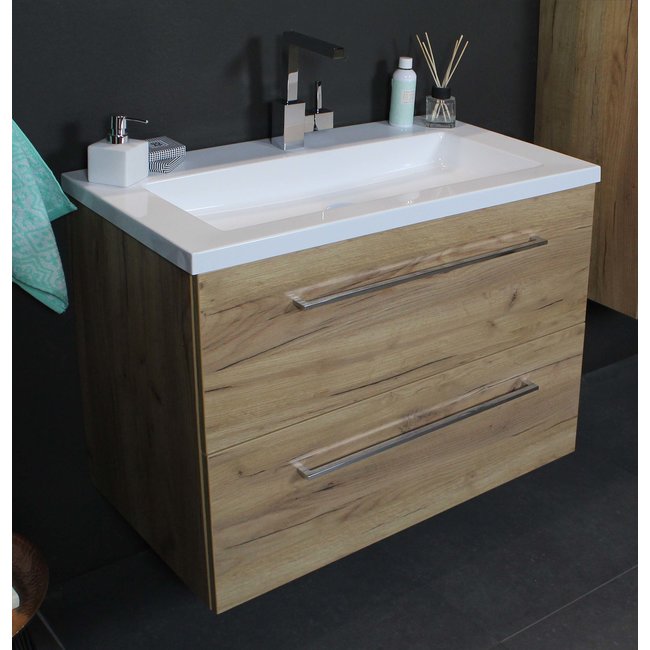 Basic Line Start badmeubel Whiskey Oak onderkast en acryl wastafel met 1 kraangat