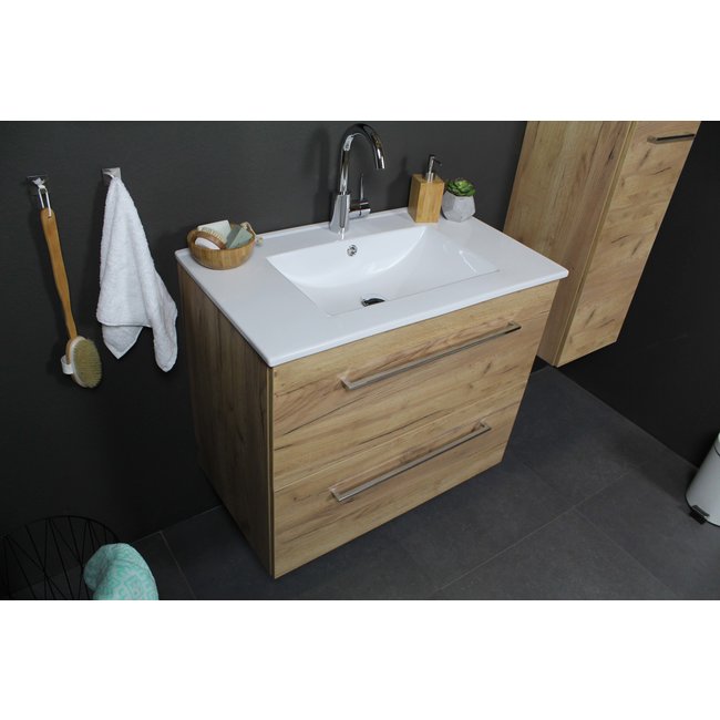 Basic Line Start badmeubel Whisky Oak onderkast en keramische wastafel 1 kraangat