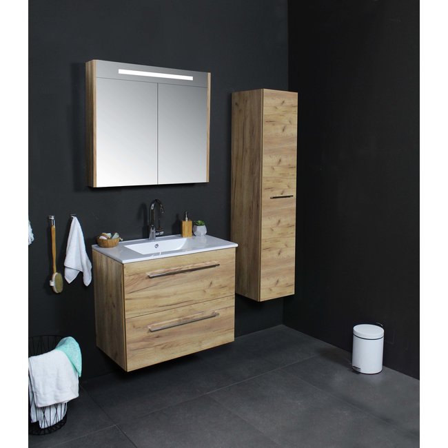 Basic Line Start badmeubel Whisky Oak onderkast en keramische wastafel 1 kraangat