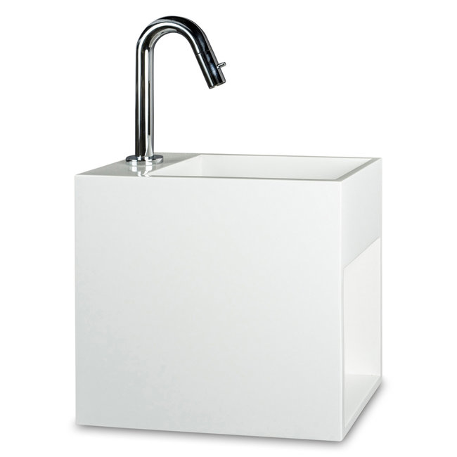 Luca Solid Surface fontein met open schap 35x18,5x32 cm met verdekte afvoer en kraangat links wit (mat of glans)