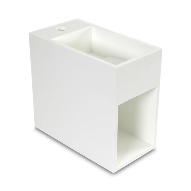 Luca Solid Surface fontein met open schap 35x18,5x32 cm met verdekte afvoer en kraangat links wit (mat of glans)