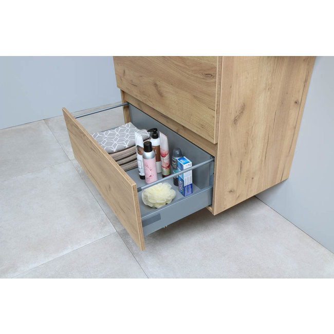 Basic Line Start badmeubel met greeploze lades en afdekplaat Whisky Oak