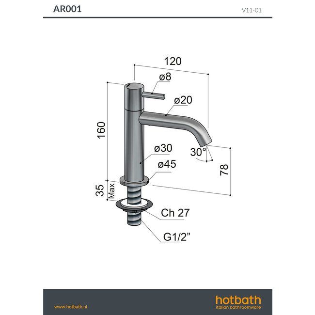 Hotbath Archie AR001 fonteinkraan 16 cm
