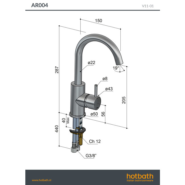 Hotbath RVS wastafelkraan Archie AR004 met draaibare uitloop