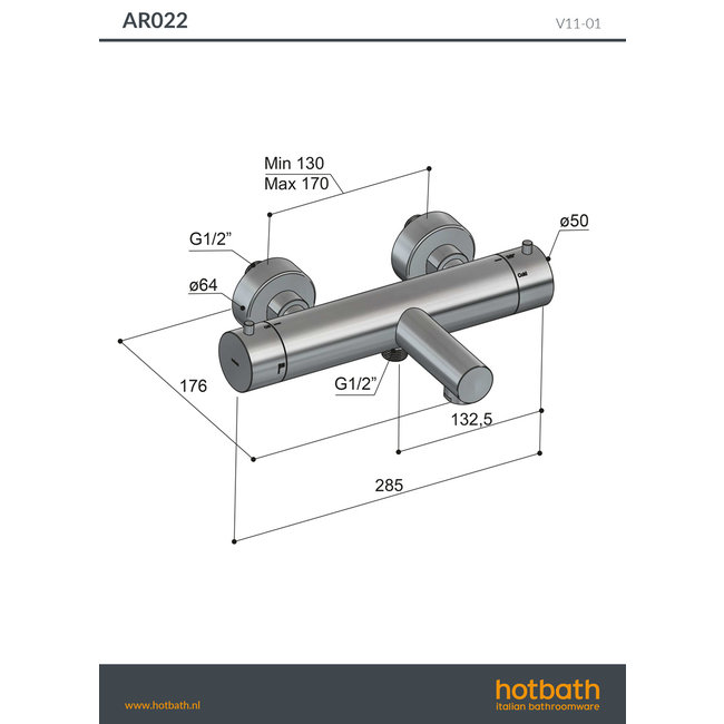 Hotbath Archie AR122 thermostatische badkraan in de kleur RVS