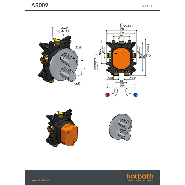 Hotbath Archie inbouw douchethermostaatkraan met 2-weg omstel RVS