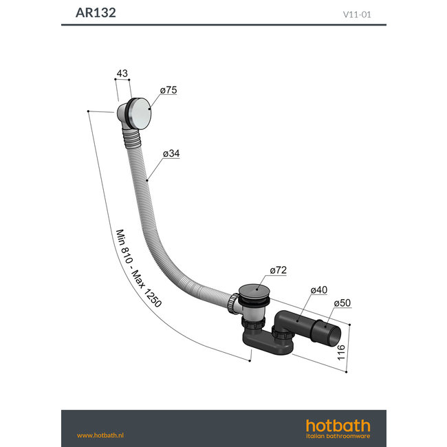 Hotbath Archie AR132 badafvoer-/overloopcombinatie verlengd
