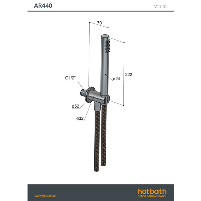 Hotbath Archie AR440 handdouche incl. wandsteun en doucheslang RVS