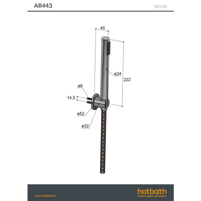 Hotbath Archie AR443 handdouche incl. wandsteun en doucheslang