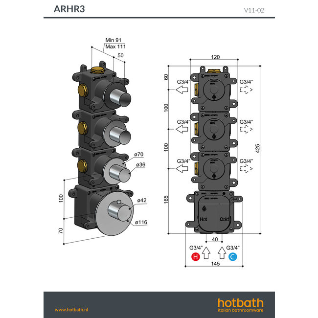 Hotbath Archie ARHR3 RVS High Flow thermostaat met 3 stopkranen