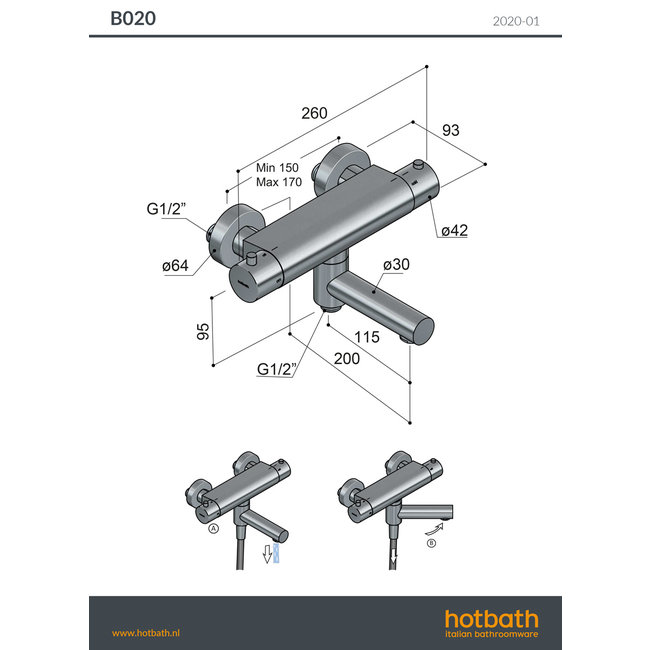 Hotbath Cobber B020 thermostatische badkraan draaibare omstel uitloop