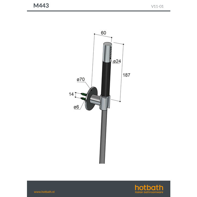 Hotbath Cobber M443 handdouche incl. wandsteun en doucheslang 4 kleuren