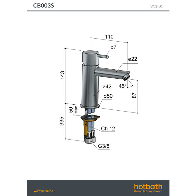 Hotbath Cobber CB003 wastafelmengkraan recht in 2 Living colours