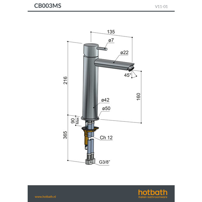 Hotbath Cobber CB003 wastafelmengkraan recht in 2 Living colours