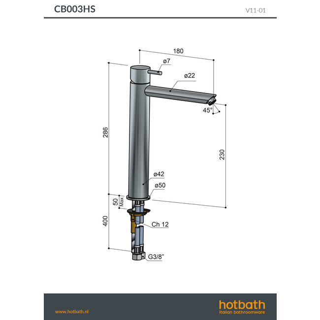 Hotbath Cobber CB003 wastafelmengkraan recht in 2 Living colours